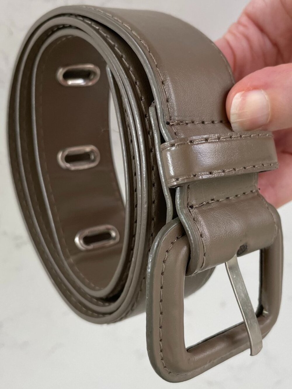 Vintage Square Buckle Silver Tone Metal Grommet Manmade Belt Dark Taupe OS